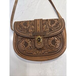 VINTAGE Hand Tooled British Tan Leather Saddle Handbag Mexico Project Kent
